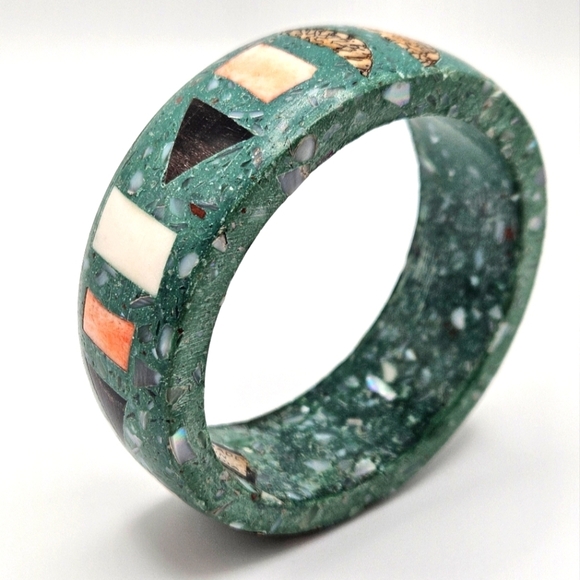 VINTAGE Mosaic Inlay Green Marbled Stone Bangle Bracelet Made in India - Picture 7 of 7